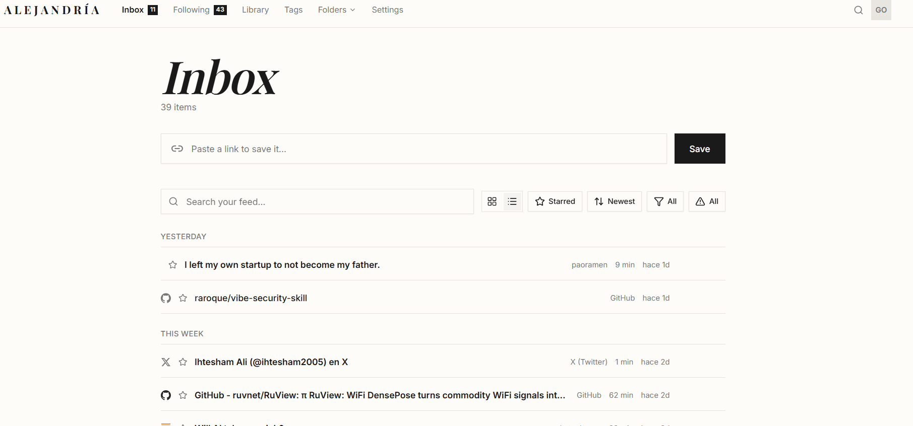 Alejandría inbox — capturing and reading articles with zero friction